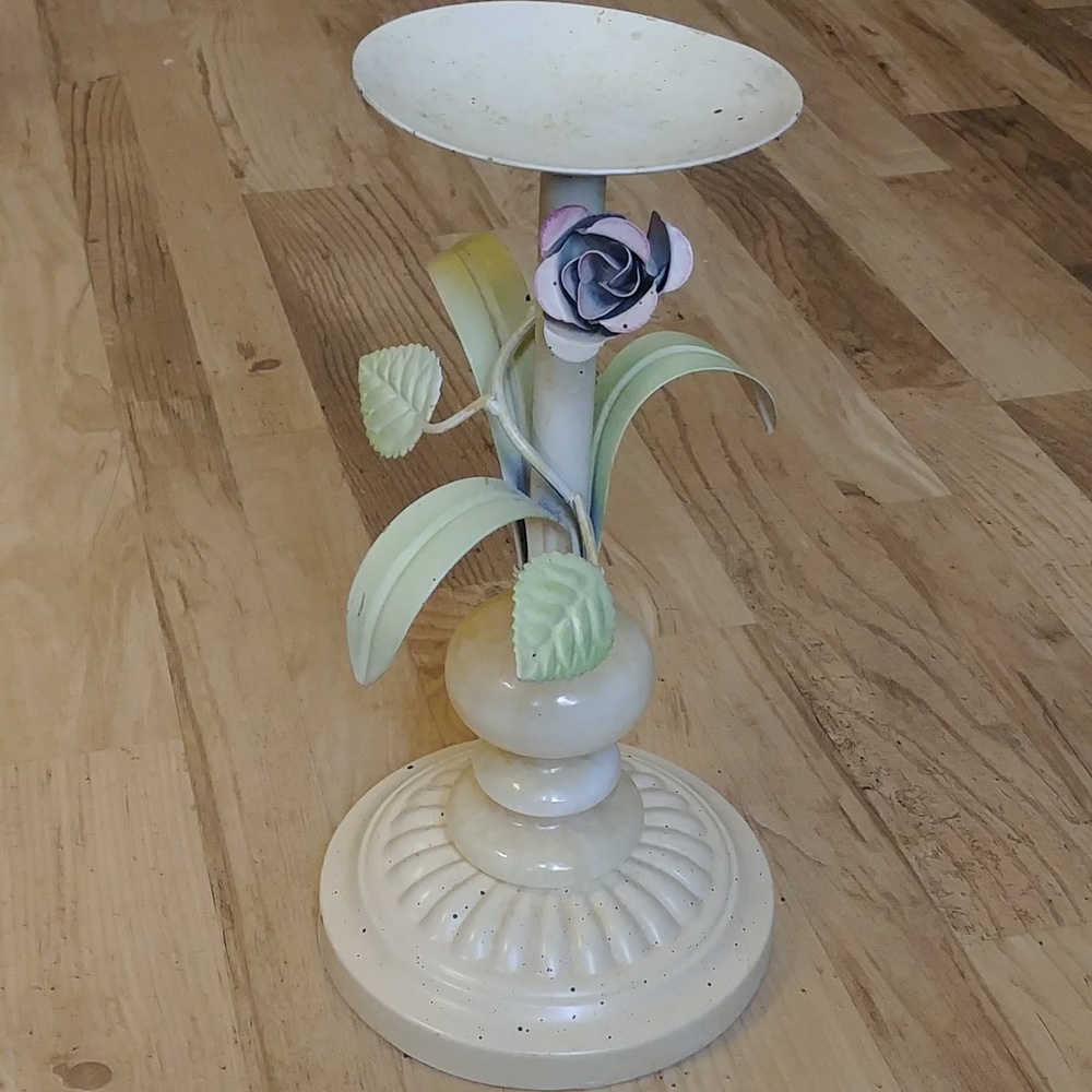 Vintage Metal Candle Pillar Stone/Marble And Wrap Around Rose With Leaves